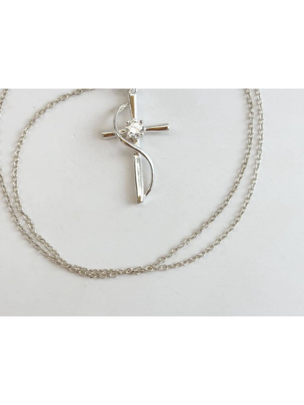 Modernist Cubic Zirconia Cross Sterling Silver 925 Vintage Pendant Necklace 16" - Picture 6 of 14